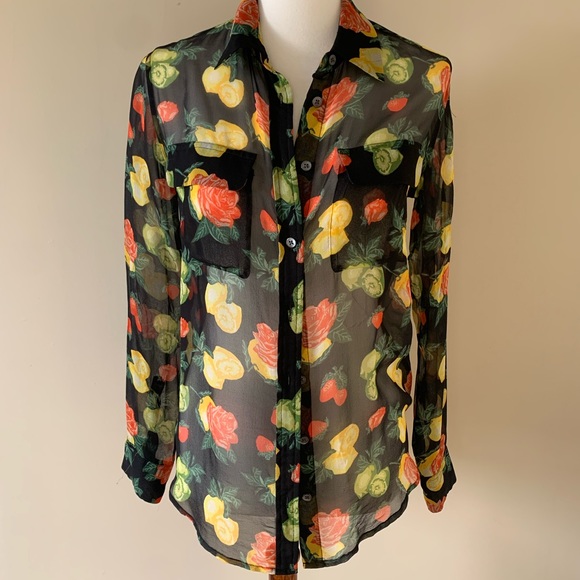 Equipment Femme Lemon Rose Silk Print Button Down - Picture 1 of 5